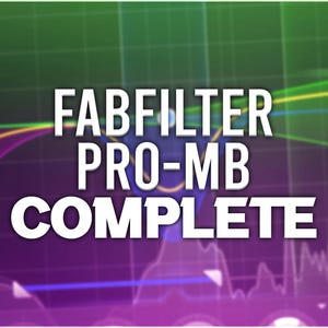 Può includere: Una grafica con uno sfondo viola e verde che mostra un grafico di risposta in frequenza. Il testo "FABFILTER PRO-MB COMPLETE" è in lettere bianche sopra il grafico.