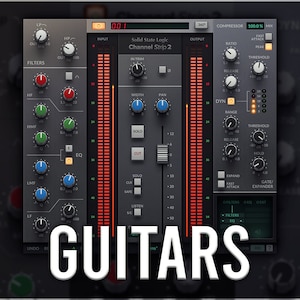 Puede incluir: Primer plano de una interfaz de estación de trabajo de audio digital con un esquema de color rojo y gris. La interfaz está etiquetada como "Solid State Logic Channel Strip 2". El texto "GUITARS" se muestra en letras blancas grandes debajo de la interfaz.
