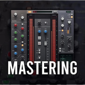 Puede incluir: Consola de masterización de audio digital con varias perillas, controles deslizantes y medidores. La palabra "MASTERING" se muestra en letras blancas grandes en la parte inferior. La consola tiene un acabado gris oscuro con detalles en rojo y azul.