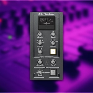Puede incluir: Un compresor estéreo Solid State Logic gris oscuro con múltiples perillas y un medidor de compresión. El dispositivo tiene controles para umbral, ataque, ratio y liberación. El fondo es morado y negro borroso.