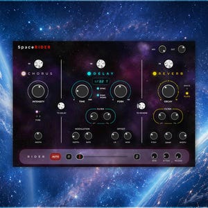 Puede incluir: Una interfaz de plugin de audio digital titulada SpaceRIDER con un fondo de nebulosa de color púrpura oscuro. El panel de control incluye tres secciones principales etiquetadas CHORUS, DELAY y REVERB con varios mandos circulares, interruptores y deslizadores.