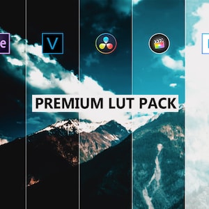 May include: A mountain landscape with a blue sky and white clouds. The image is divided into sections, each with a different color filter. The text "PREMIUM LUT PACK" is displayed in the center of the image. The logos for Adobe Premiere Pro, After Effects, DaVinci Resolve, Final Cut Pro, Motion, and Vegas Pro are displayed at the top of the image.