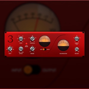 May include: A red audio plugin interface with the number "3" in the top left corner. The interface has several knobs and meters, including a "Gain Reduction" meter and a "Threshold" knob.