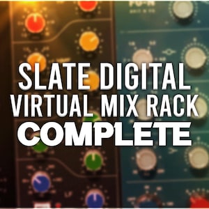 以下が含まれることがあります： ノブとボタンが付いたミキシングコンソールのクローズアップ。テキスト「SLATE DIGITAL VIRTUAL MIX RACK COMPLETE」は、黒い背景に白い文字で表示されています。