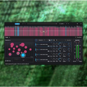 Könnte beinhalten: Eine digitale Audio-Workstation (DAW)-Oberfläche mit dunklem Hintergrund. Die Oberfläche zeigt eine Wellenform, rosa und blaue kreisförmige Elemente sowie verschiedene Drehknöpfe und Schieberegler. Der Text "DROP SAMPLE HERE" ist sichtbar.