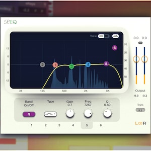 May include: A screenshot of a digital audio workstation (DAW) plugin interface with a graphic equalizer (EQ) showing a frequency response curve with five bands. The EQ has a gain knob set to 0.7, a frequency knob set to 7257 Hz, and a Q knob set to 0.80. The plugin also has an output level control and a trim control.