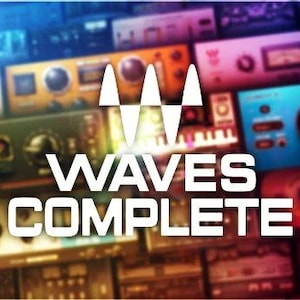 May include: A collage of colorful images of audio plugins with the text "WAVES COMPLETE" in white letters on a white background.
