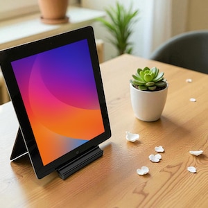 Può includere: Un tablet nero con un display a gradiente vibrante, appoggiato su un supporto. Una piccola pianta succulenta in un vaso bianco e petali di fiori bianchi sparsi su un tavolo di legno. La scena è in una stanza luminosa.