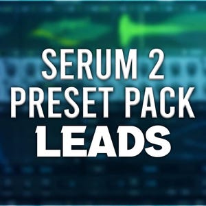May include: Image with the text "SERUM 2 PRESET PACK LEADS" in white, set against a blurred background of audio waveforms in shades of blue and green. The overall theme suggests digital audio software or sound design.