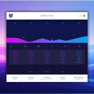 Puede incluir: Una interfaz de software de audio digital titulada SPECTRE con un fondo azul oscuro y un gráfico de ecualizador multibanda. La pantalla muestra valores de frecuencia, niveles de ganancia y varios controles incluyendo entrada, salida y mezcla.