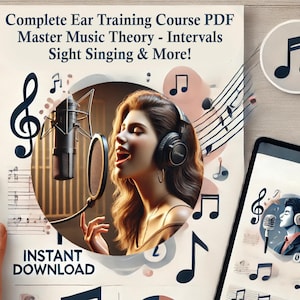 Puede incluir: Una descarga digital para un curso completo de entrenamiento auditivo en PDF. La portada presenta a una mujer cantando en un micrófono con notas musicales y una clave de sol en el fondo. El texto en la portada dice "Complete Ear Training Course PDF Master Music Theory - Intervals Sight Singing & More!" y "INSTANT DOWNLOAD".