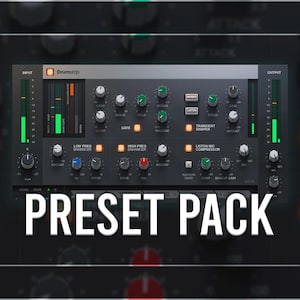 Puede incluir: Interfaz de audio gris oscuro con numerosas perillas, botones y medidores. El texto "PRESET PACK" se muestra de forma destacada en la parte inferior. La interfaz tiene luces verdes y naranjas, y la marca "Drumship" es visible.
