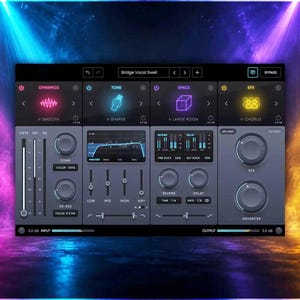 May include: A digital audio software interface featuring four main sections labeled Dynamics, Tone, Space, and SFX. The dark gray panel displays various knobs, sliders, and a frequency spectrum graph. The top center text reads Bridge Vocal Swell.