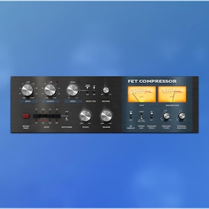 May include: Black FET compressor with multiple knobs and dials. The device has two analog meters with orange needles. The text "FET COMPRESSOR" is printed on the device. The background is a gradient of blue.