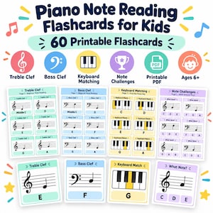 Op de afbeelding: Een set van 60 printbare piano-notenleeskaarten voor kinderen met vioolsleutel, bassleutel, toetsenbord-matching en noten-uitdagingen. De kaarten tonen muzieknotatie, pianotoetsen en letterbenamingen in kleurrijke, geordende lay-outs.