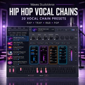 Puede incluir: Una interfaz de software de audio digital titulada Waves StudioVerse Hip Hop Vocal Chains, que incluye 20 preajustes de cadena vocal para rap, trap, R&B y pop. El panel de control oscuro muestra una lista de preajustes y un teclado virtual.