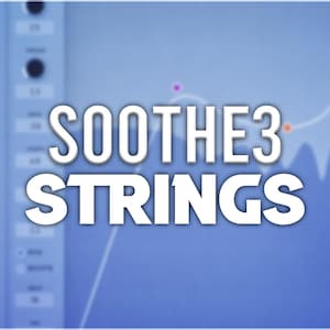 May include: A digital audio workstation interface with the text "SOOTHE3 STRINGS" in white, bold font. The background is a gradient of blue hues, with a waveform graph and control knobs visible.