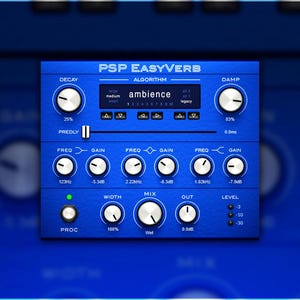 Op de afbeelding: Een blauwe PSP Easyverb audio plugin-interface met knoppen en schuifregelaars om reverb-instellingen aan te passen, waaronder verval, algoritme, demping, frequentie, versterking, breedte, mix, uitgang en niveau.