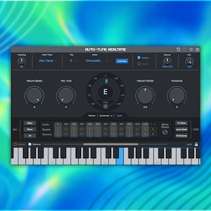 May include: A digital audio software interface titled Auto-Tune Realtime, featuring a dark grey control panel with various knobs for Retune Speed, Flex Tune, and Humanize, a central pitch display showing the letter E, and a piano keyboard at the bottom.