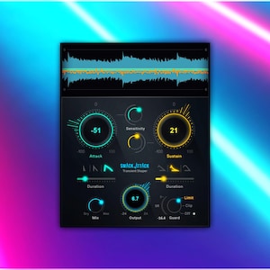 May include: A digital audio workstation (DAW) interface with a black background and neon green and yellow controls. The interface displays a waveform at the top and various knobs and sliders for audio manipulation. The text "smack_attack" is visible.