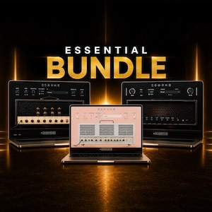 Może przedstawiać: Trzy laptopy wyświetlające interfejsy cyfrowej stacji roboczej audio dla wzmacniaczy gitarowych, ustawione w rzędzie. Tekst ESSENTIAL BUNDLE jest wyśrodkowany na złoto nad ekranami. Tło zawiera pionowe złote promienie światła na czarnym tle.
