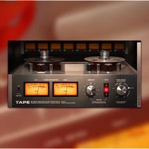 May include: A retro tape machine with two reels, meters, and control knobs. The machine is grey with orange and yellow accents. The text "TAPE" is visible on the front panel, along with other technical details.