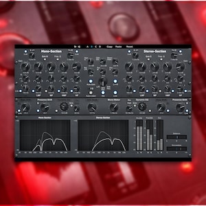 May include: A dark gray audio mixing console with numerous knobs, buttons, and sliders. The console is divided into Mono-Section and Stereo-Section, with waveform displays below. The background is a blurred red gradient.