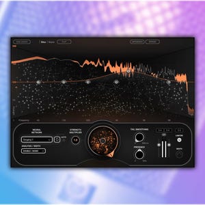Puede incluir: Interfaz de estación de trabajo de audio digital (DAW) con un tema oscuro. La interfaz muestra una forma de onda naranja, con varios controles y configuraciones. El fondo es un degradado de morado y azul.