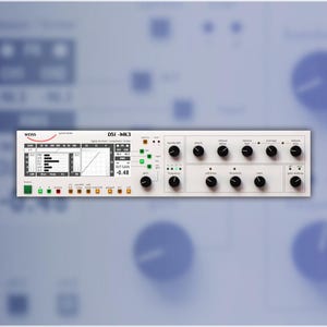 May include: A white audio processing unit with black knobs and a digital display. The device, labelled DSI-MK3, has various controls and indicators. The background is a blurred blue with circular shapes.