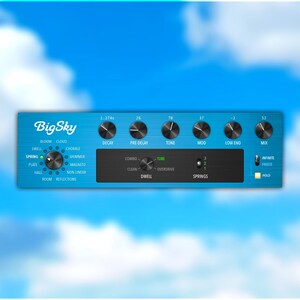 Peut inclure: Une interface de plugin audio numérique bleue avec le texte "Big Sky" et divers boutons et curseurs. Le plugin est conçu pour créer des effets de réverbération.
