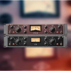 May include: Two audio processing units stacked. The top unit is brown with the text "176-B" and the bottom unit is black with the text "176". Each unit has multiple knobs and a meter. Ideal for audio recording.