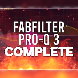 Può includere: Una grafica con uno sfondo infuocato e una sovrapposizione di testo bianco che recita "FABFILTER PRO-Q 3 COMPLETE".