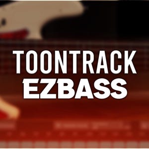 Puede incluir: Una guitarra eléctrica de bajo blanca y roja con el texto "TOONTRACK EZBASS" en letras blancas sobre un fondo rojo.