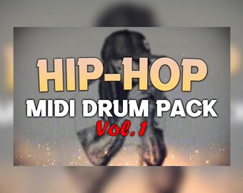 May include: A digital image with a blurred background of a person wearing a black hat and a black shirt. The text "HIP-HOP MIDI DRUM PACK Vol. 1" is in white letters with a yellow outline.