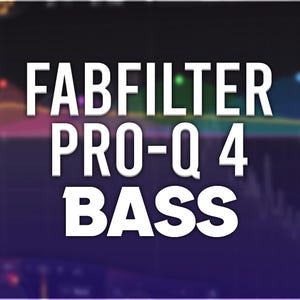 Può includere: Uno sfondo viola e blu con una grafica bianca che recita "FABFILTER PRO-Q 4 BASS".