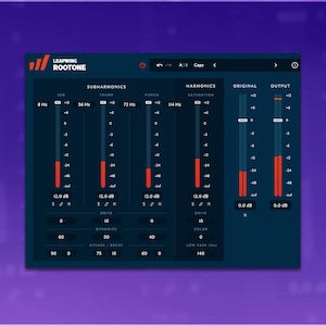 Op de afbeelding: Een donkerblauwe digitale audio workstation (DAW) interface met de tekst "LEAPWING ROOTONE". De interface toont meerdere schuifregelaars en meters voor audioverwerking, inclusief subharmonischen, harmonischen, originele en output niveaus. De achtergrond is paars.