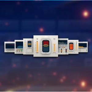 May include: A collection of white digital audio workstation (DAW) interface designs with various displays and controls. The central interface features a red and blue graphic with a yellow dial and a temperature gauge. The background is a blurred blue with orange highlights.