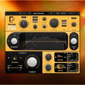 Peut inclure: Une interface de logiciel audio numérique intitulée Pulsar Vocal Studio avec un panneau de contrôle jaune et noir comprenant plusieurs boutons rotatifs, des curseurs et un affichage central du spectre de fréquence pour le traitement vocal.