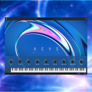 May include: A digital audio workstation interface with a blue and white abstract design. The interface displays the word "KEYS" and features a piano keyboard at the bottom, along with various control knobs.