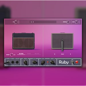 Puede incluir: Interfaz de audio digital con un fondo degradado púrpura y rosa. La interfaz presenta dos modelos de amplificador, un panel de control con perillas y entradas, y el nombre "Ruby". La interfaz está diseñada para la producción musical.