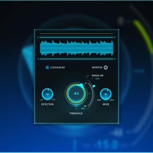 May include: A digital audio interface with a dark blue background. The interface features a waveform display, labeled controls for detection, threshold, and mode, and a range indicator. The text "LOOKAHEAD" and "MONITOR" are also visible.
