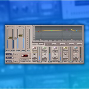 May include: A digital audio software interface featuring a multi-band dynamics processor with a central frequency response graph, multiple vertical faders for threshold, output ceiling, and gain control, and various numerical parameter settings.
