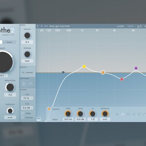 Screenshot of Soothe2 plugin interface by oeksound, showcasing advanced dynamic resonance suppression with intuitive controls for frequency and intensity. Designed to reduce harshness and unwanted frequencies in vocals, instruments, and mixes