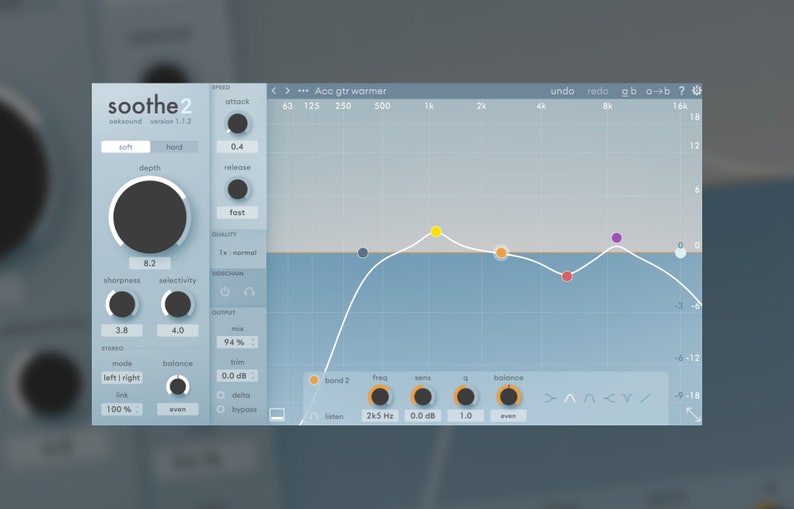 Screenshot of Soothe2 plugin interface by oeksound, showcasing advanced dynamic resonance suppression with intuitive controls for frequency and intensity. Designed to reduce harshness and unwanted frequencies in vocals, instruments, and mixes