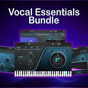 Peut inclure: Ensemble d'interfaces de station de travail audio numérique (DAW) avec le texte "Vocal Essentials Bundle". L'interface comprend un clavier, des boutons et un écran affichant une note de musique. Le fond est un dégradé de violet et de bleu.