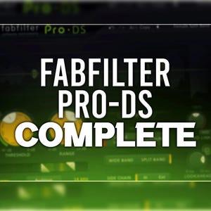 Può includere: Uno screenshot dell'interfaccia del plugin audio Fabfilter Pro-DS. L'interfaccia è verde e gialla con il testo "Fabfilter Pro-DS Complete" in bianco.