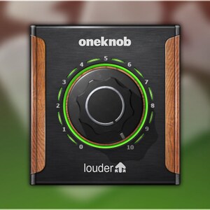 Könnte beinhalten: Ein schwarzer Audio-Regler mit Holzrahmen und dem Wort "oneknob" oben. Der Knopf hat einen grün leuchtenden Ring und ein Zifferblatt von 0 bis 10. Das Wort "louder" steht unten.