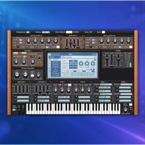 May include: A digital synthesizer interface featuring a central display screen, numerous knobs, sliders, and buttons for sound modulation, and a black and white piano-style keyboard at the bottom, all framed by wood-grain side panels.