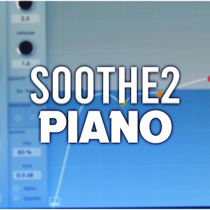 May include: A blue and white graphic with the text "SOOTHE2 PIANO" in white. The graphic is a blurred image of a sound mixing board with a white line and red and orange dots.
