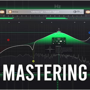 Puede incluir: Una captura de pantalla de una estación de trabajo de audio digital que muestra un ecualizador verde con el texto "X-EQ2" y "Solid State Logic Oxford, England" encima. El texto "MASTERING" está en letras blancas grandes debajo del ecualizador.